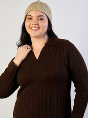 Women Brown Solid Acrylic Wool Collar Midi Dress-SFDRSS13314