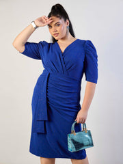 Women Royal Blue Glitter Front Ruched Dress-SFDRSS13316