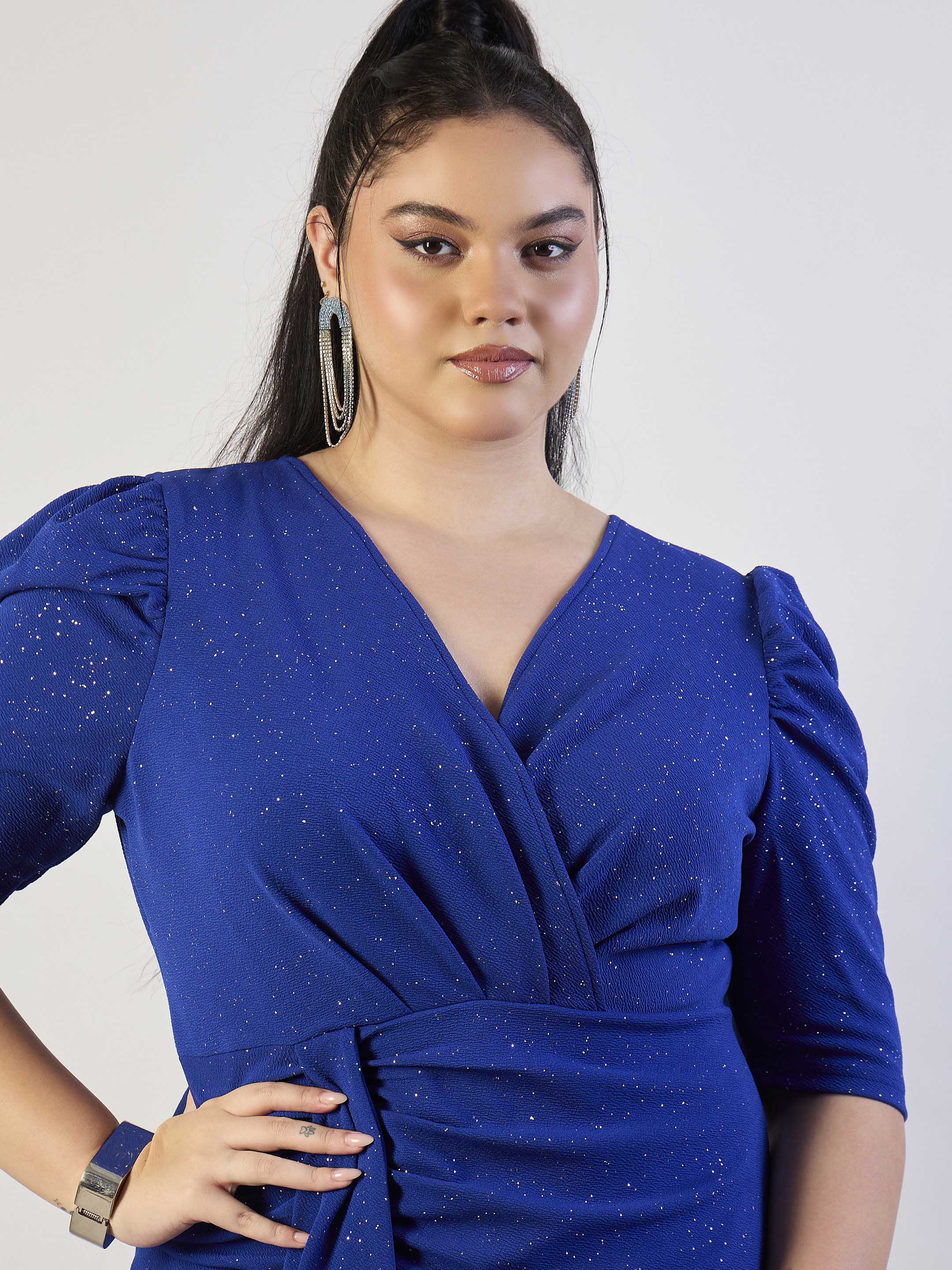 Women Royal Blue Glitter Front Ruched Dress-SFDRSS13316