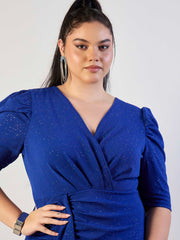 Women Royal Blue Glitter Front Ruched Dress-SFDRSS13316