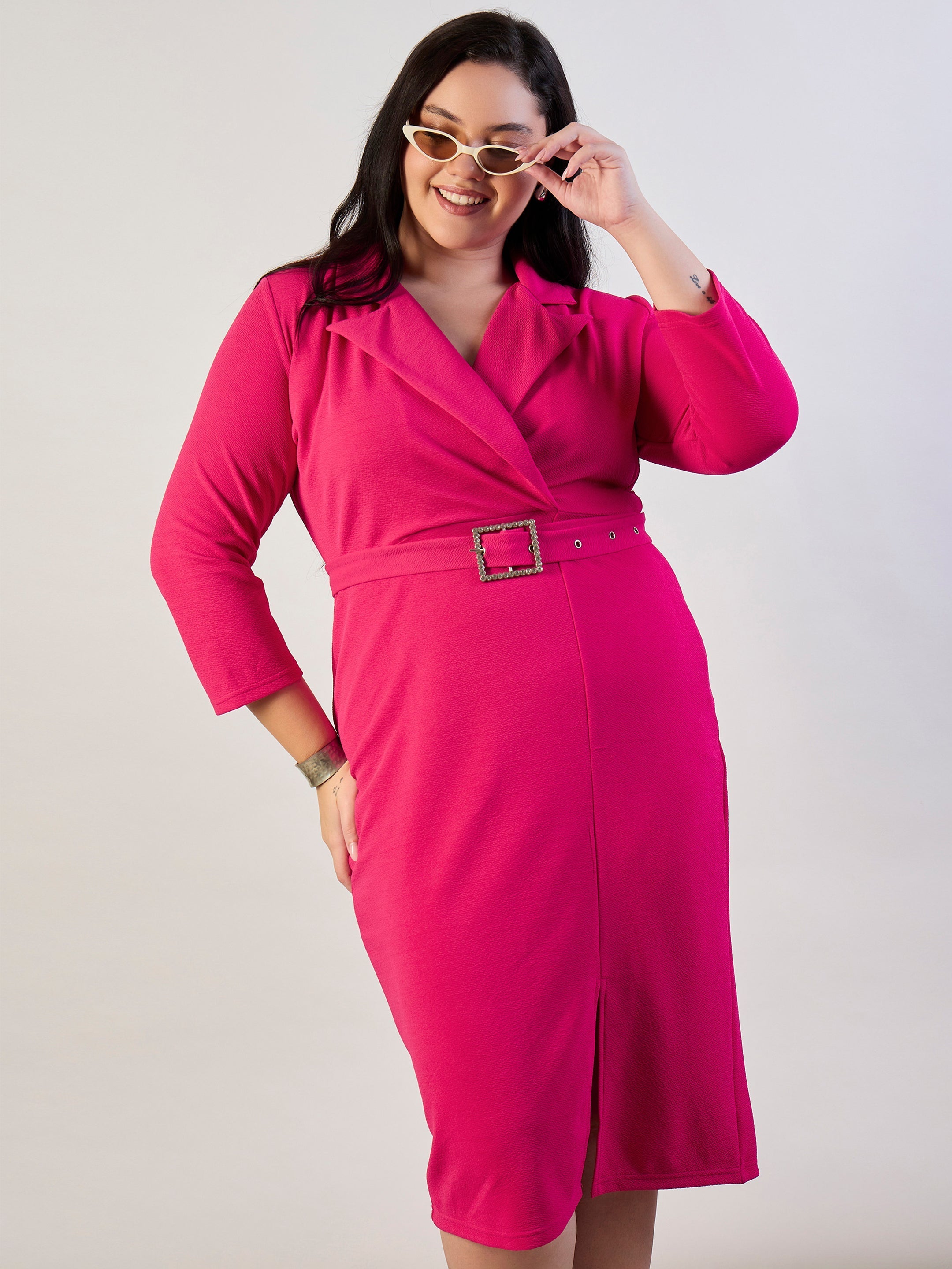 Women Fuchsia Notch Collar Belted Bodycon Dress-SFDRSS13317