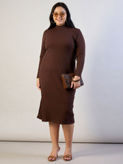 Women Brown Rib Bodycon Side Slit Midi Dress-SFDRSS13318