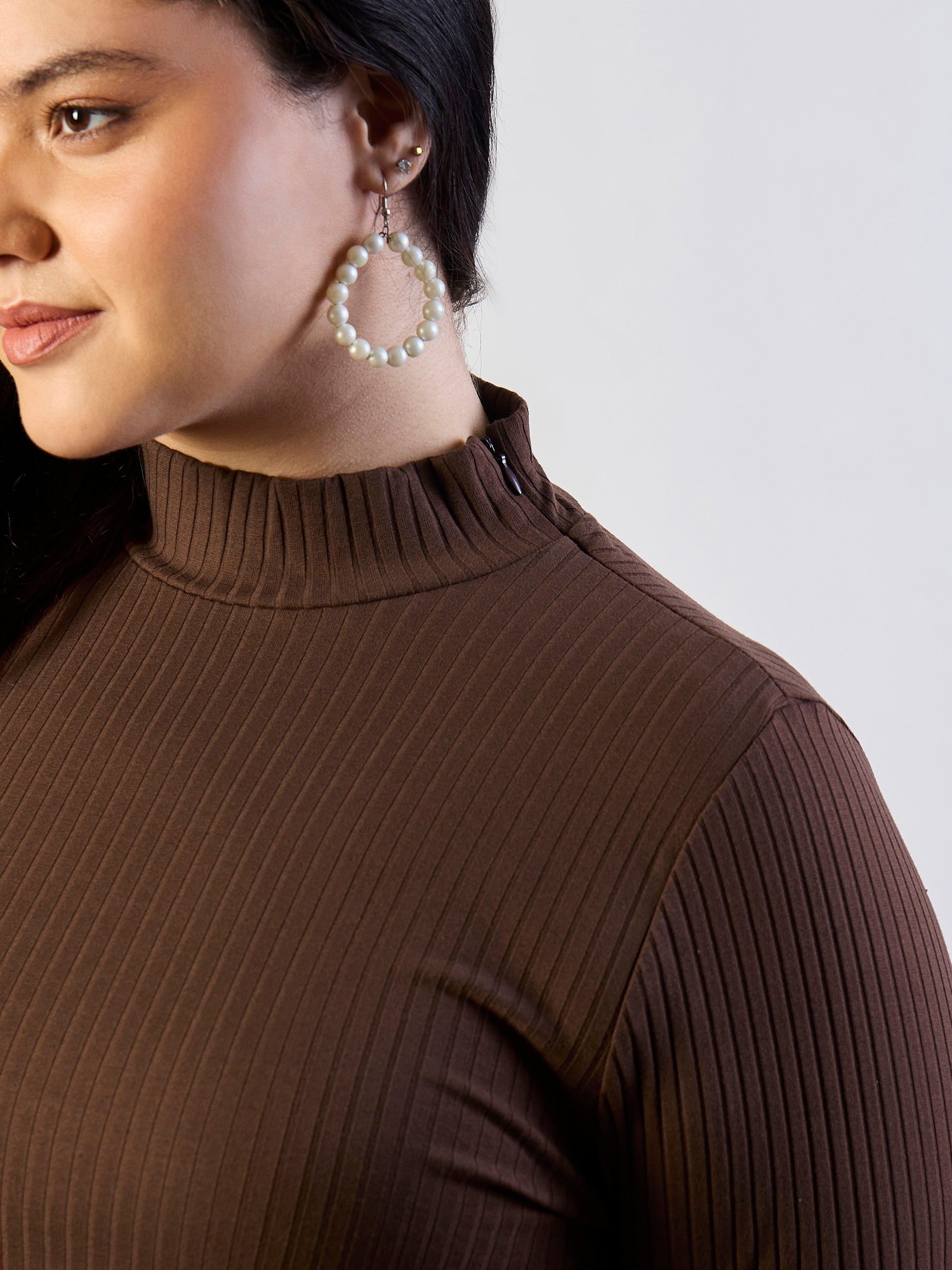 Women Brown Rib Bodycon Side Slit Midi Dress-SFDRSS13318