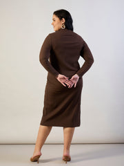 Women Brown Rib Bodycon Side Slit Midi Dress-SFDRSS13318