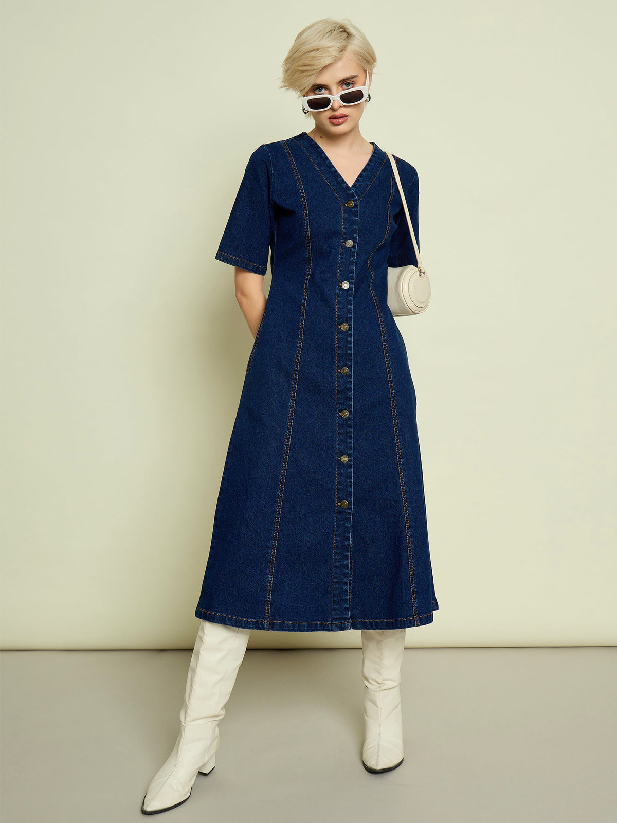 Women Navy Blue Denim V Neck Midi Dress-SFDRSS13334
