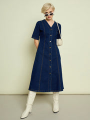 Women Navy Blue Denim V Neck Midi Dress-SFDRSS13334