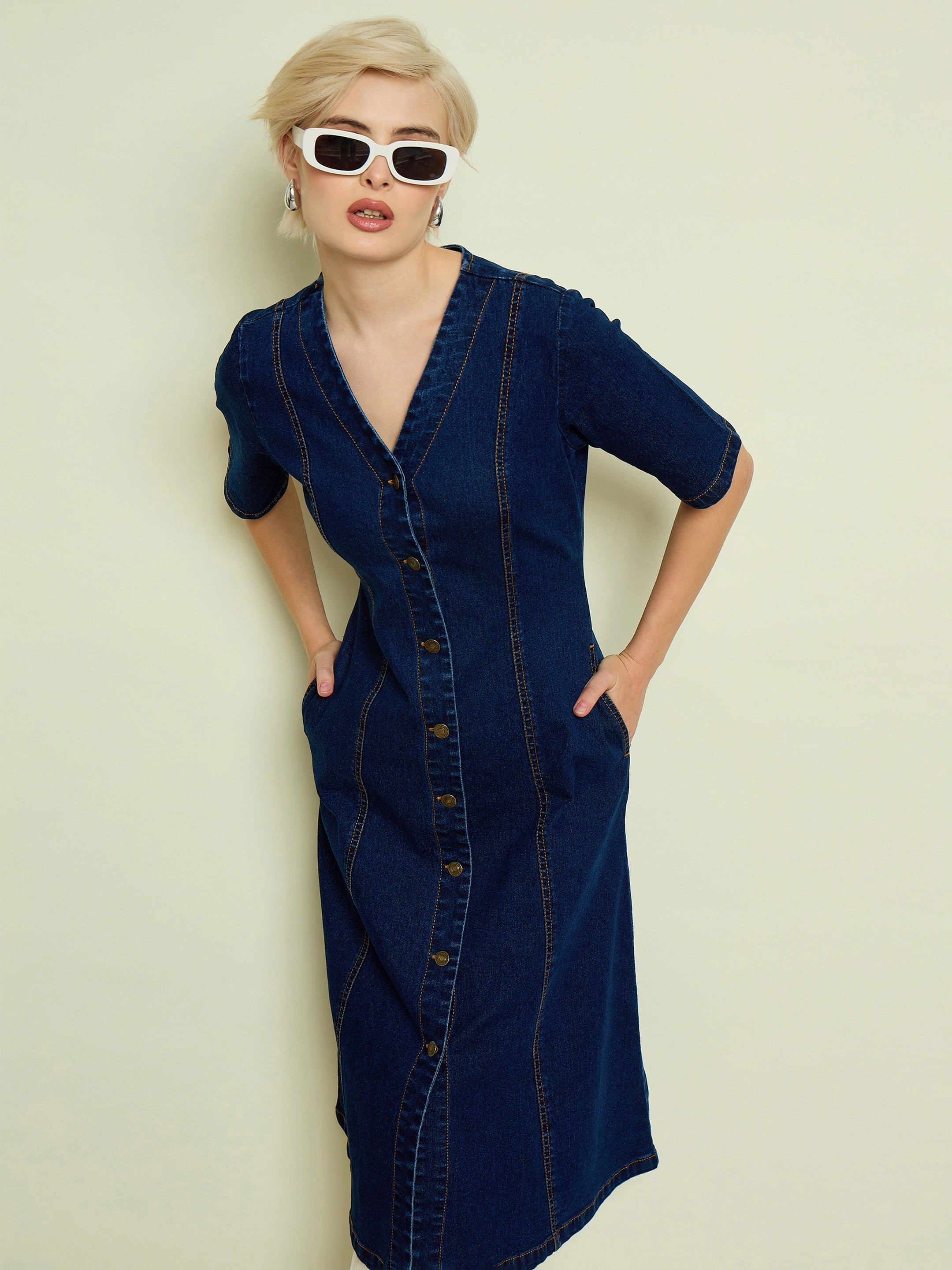 Women Navy Blue Denim V Neck Midi Dress-SFDRSS13334