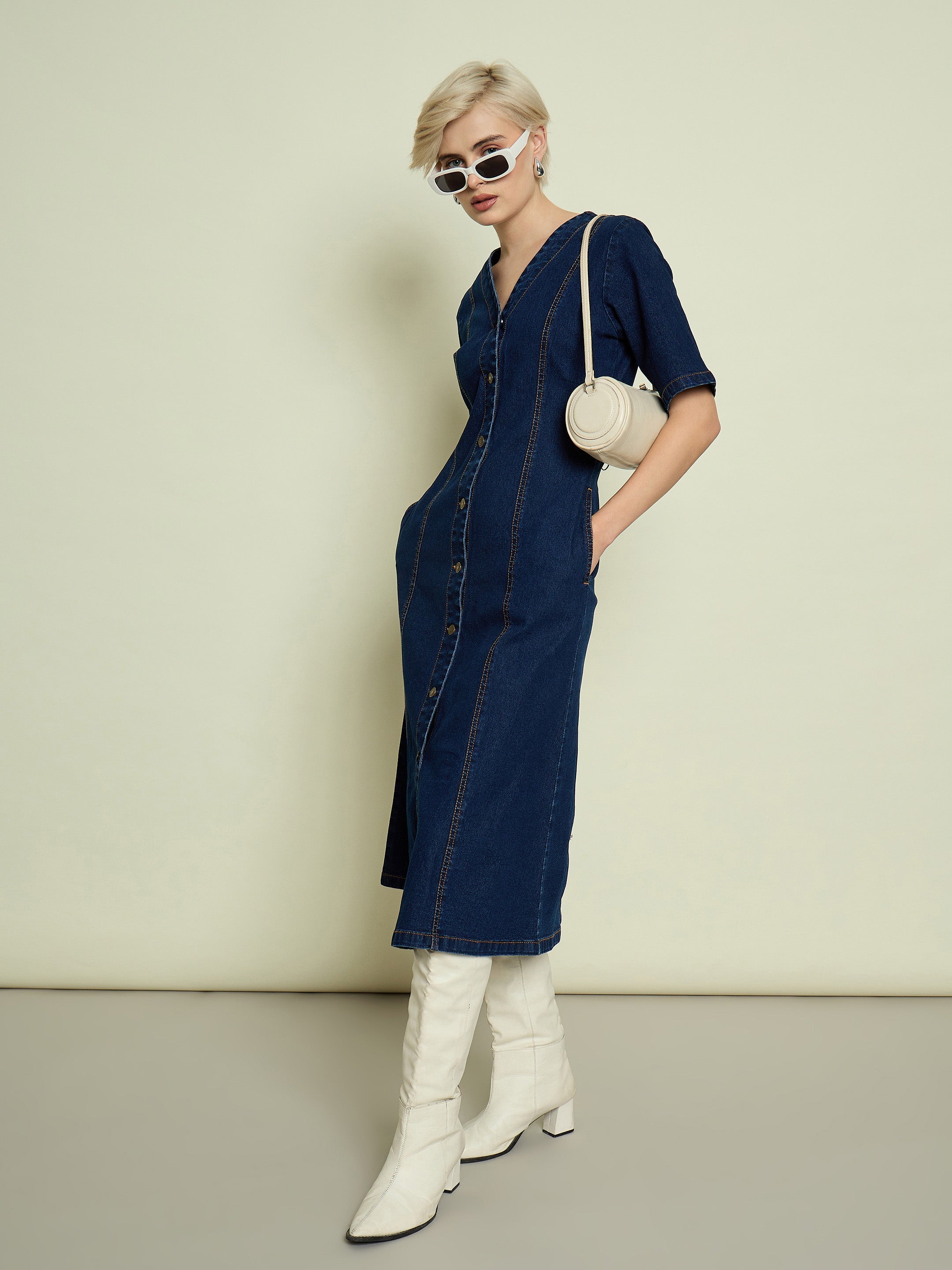 Women Navy Blue Denim V Neck Midi Dress-SFDRSS13334