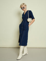 Women Navy Blue Denim V Neck Midi Dress-SFDRSS13334