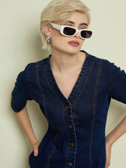 Women Navy Blue Denim V Neck Midi Dress-SFDRSS13334