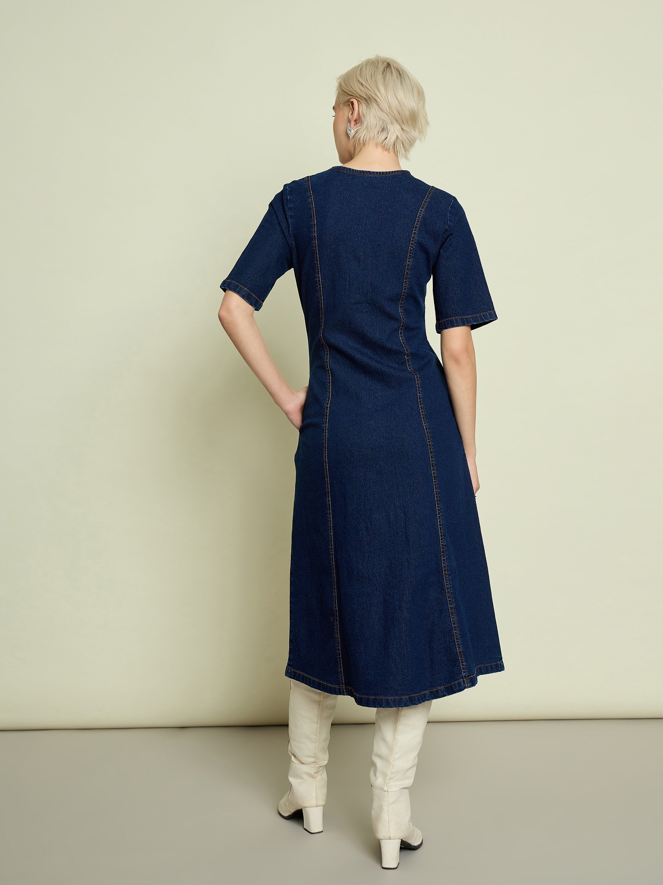 Women Navy Blue Denim V Neck Midi Dress-SFDRSS13334
