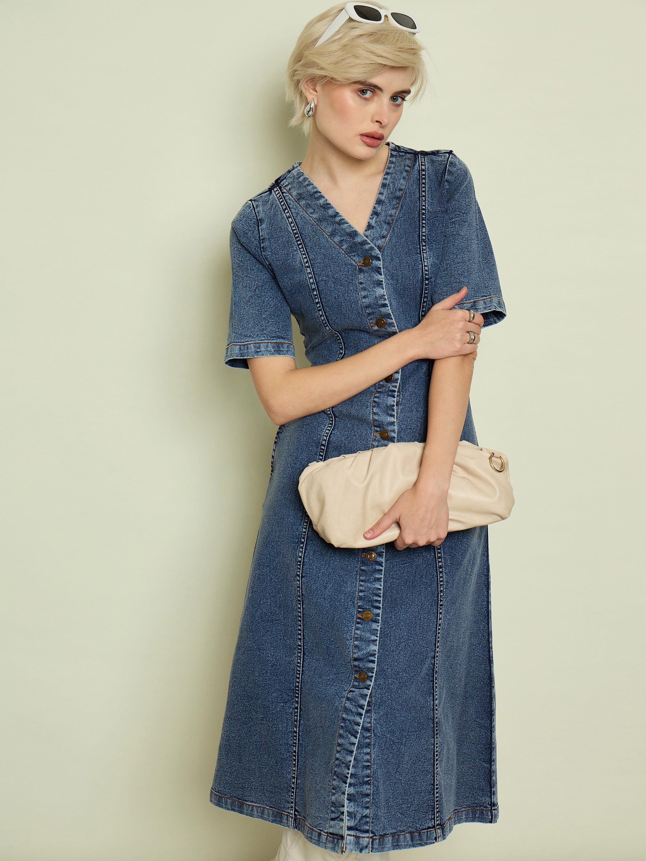 Women Blue Blast Denim V Neck Midi Dress-SFDRSS13335