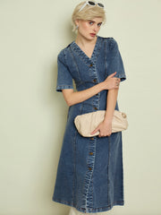 Women Blue Blast Denim V Neck Midi Dress-SFDRSS13335