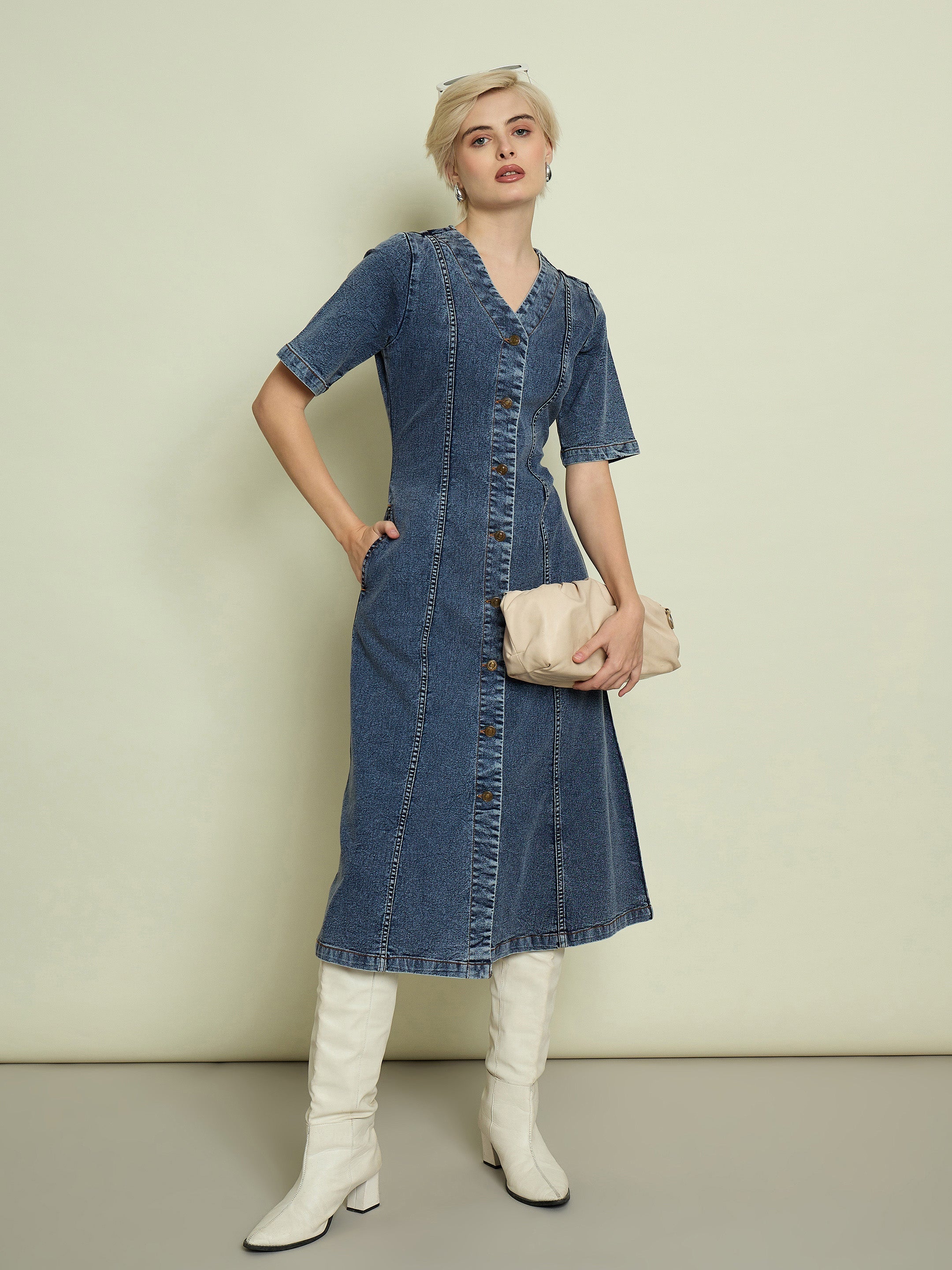 Women Blue Blast Denim V Neck Midi Dress-SFDRSS13335