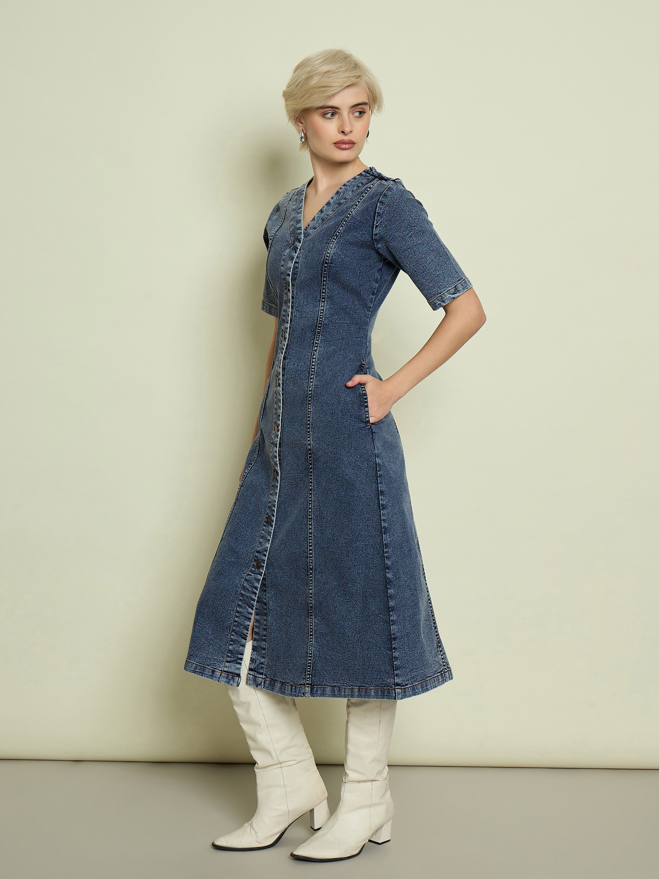 Women Blue Blast Denim V Neck Midi Dress-SFDRSS13335