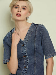 Women Blue Blast Denim V Neck Midi Dress-SFDRSS13335