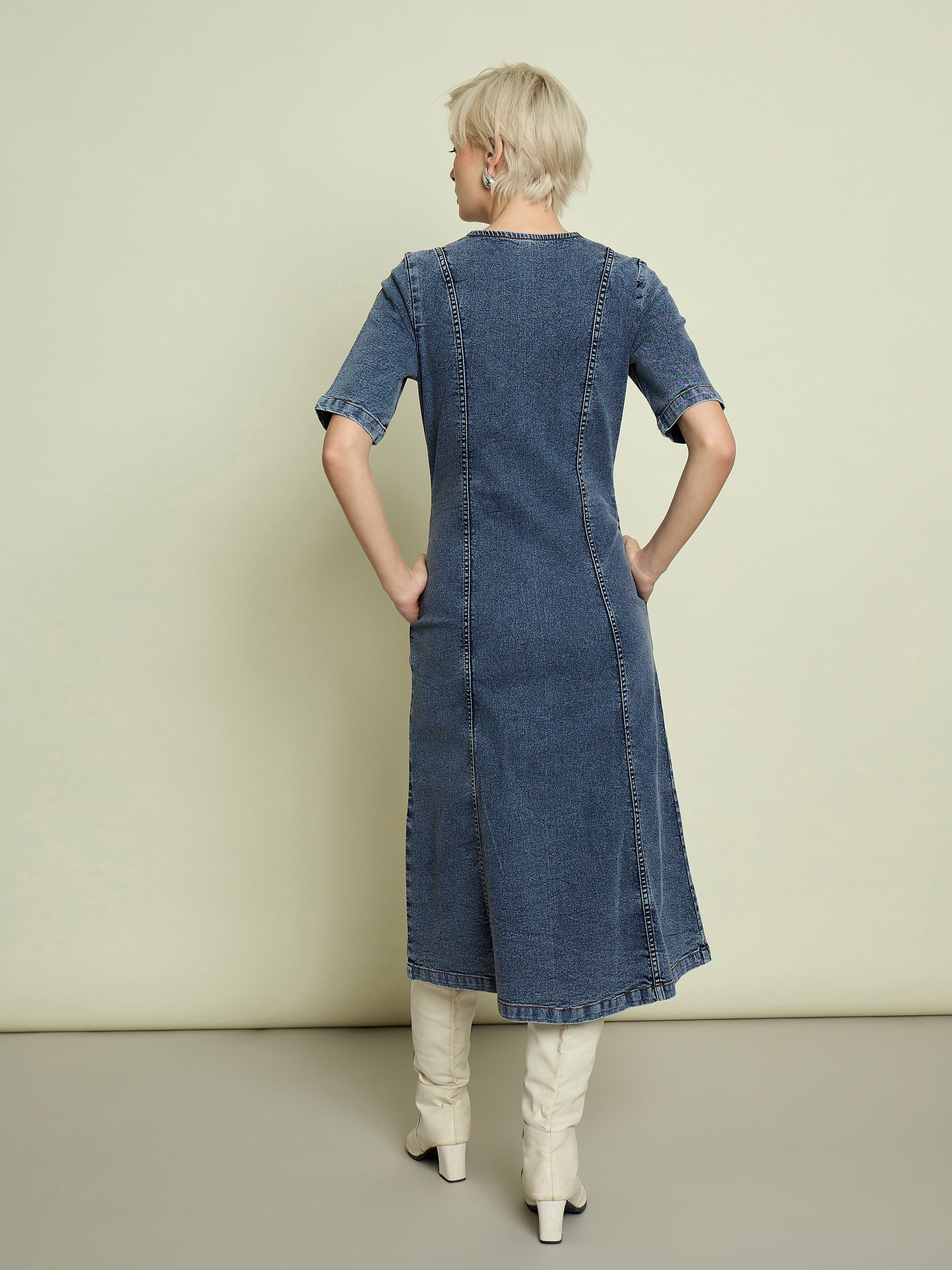 Women Blue Blast Denim V Neck Midi Dress-SFDRSS13335
