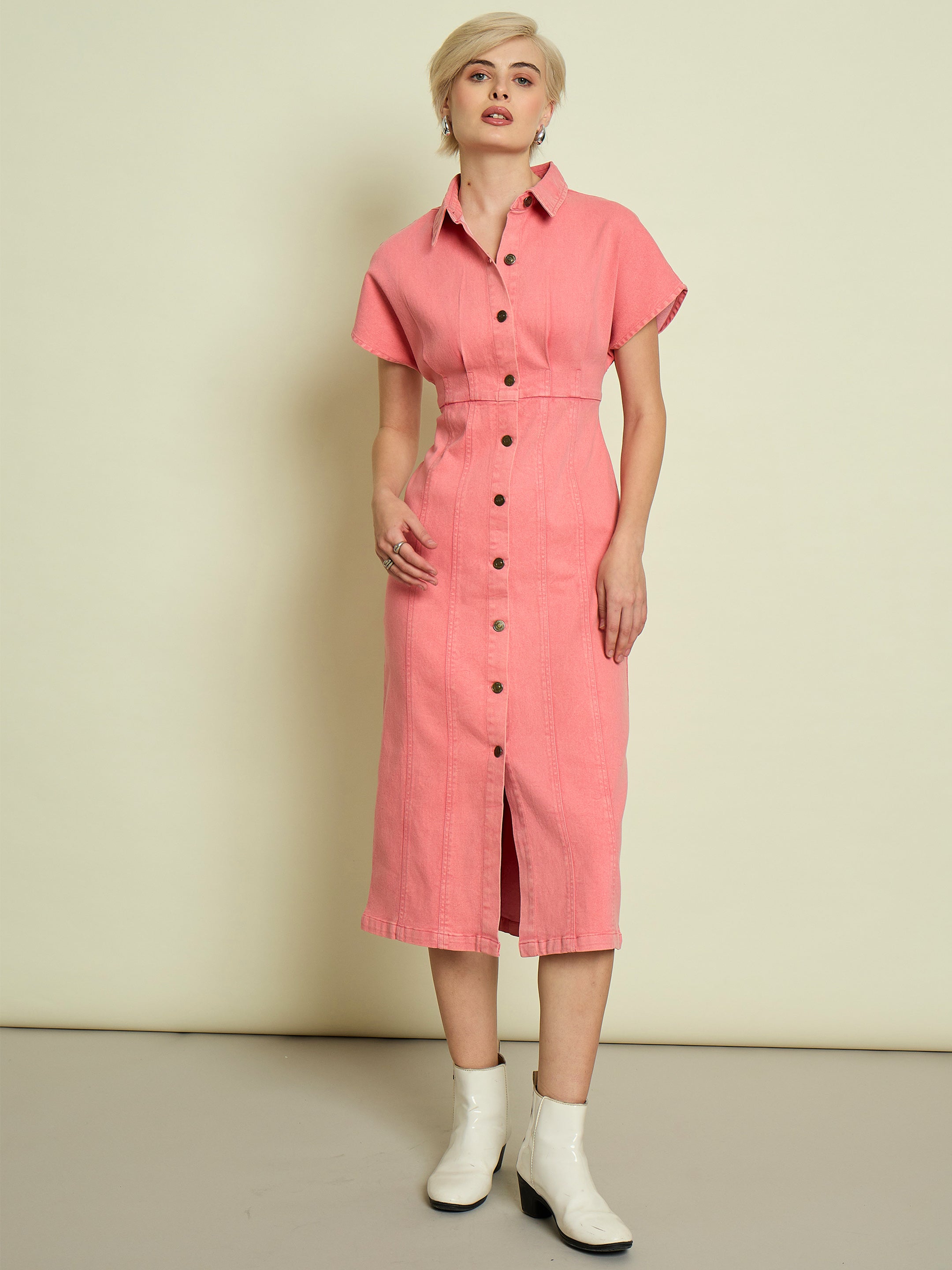 Women Pink Denim Kimono Sleeves Midi Dress-SFDRSS13336