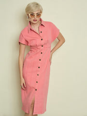 Women Pink Denim Kimono Sleeves Midi Dress-SFDRSS13336