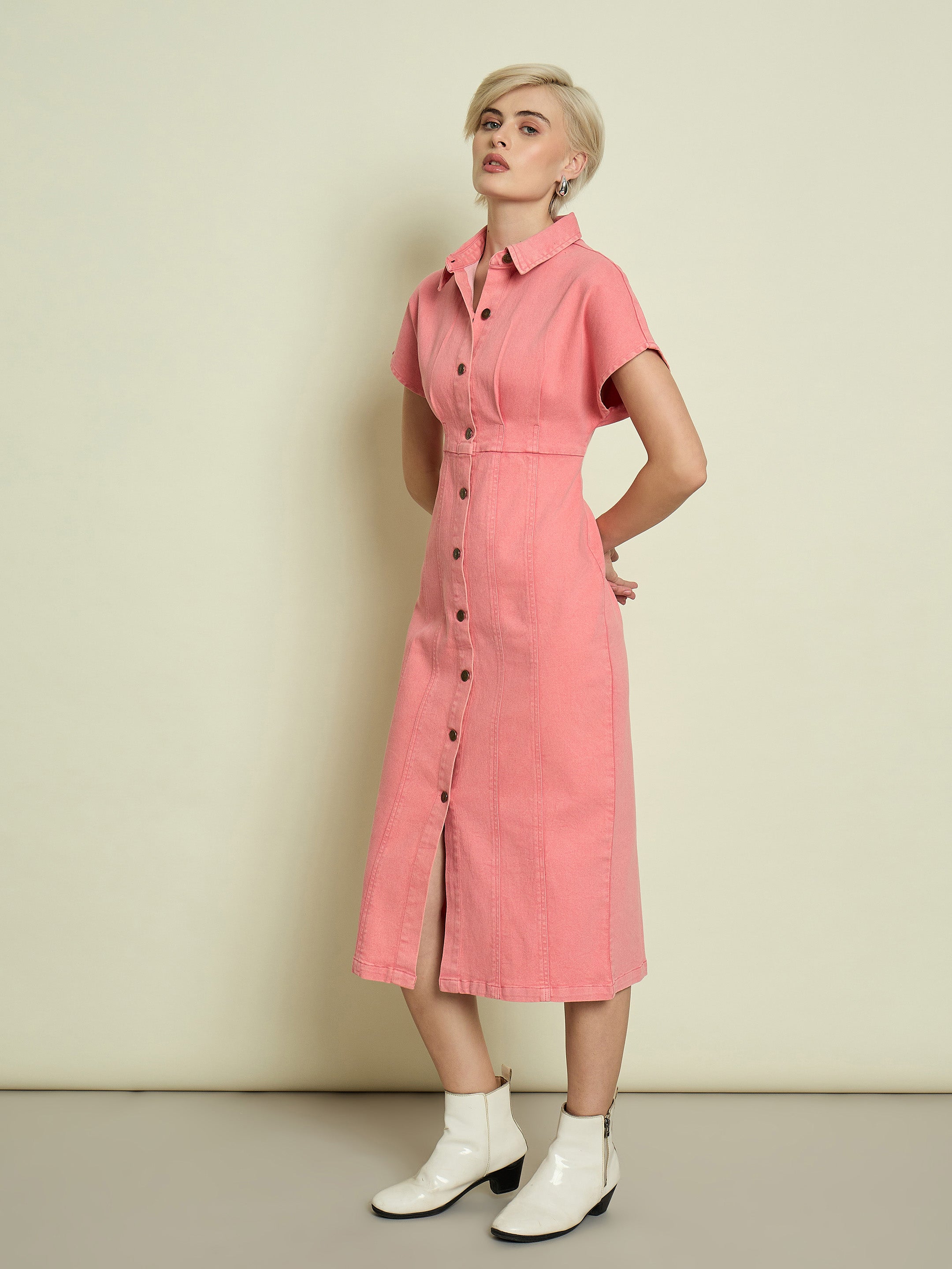 Women Pink Denim Kimono Sleeves Midi Dress-SFDRSS13336