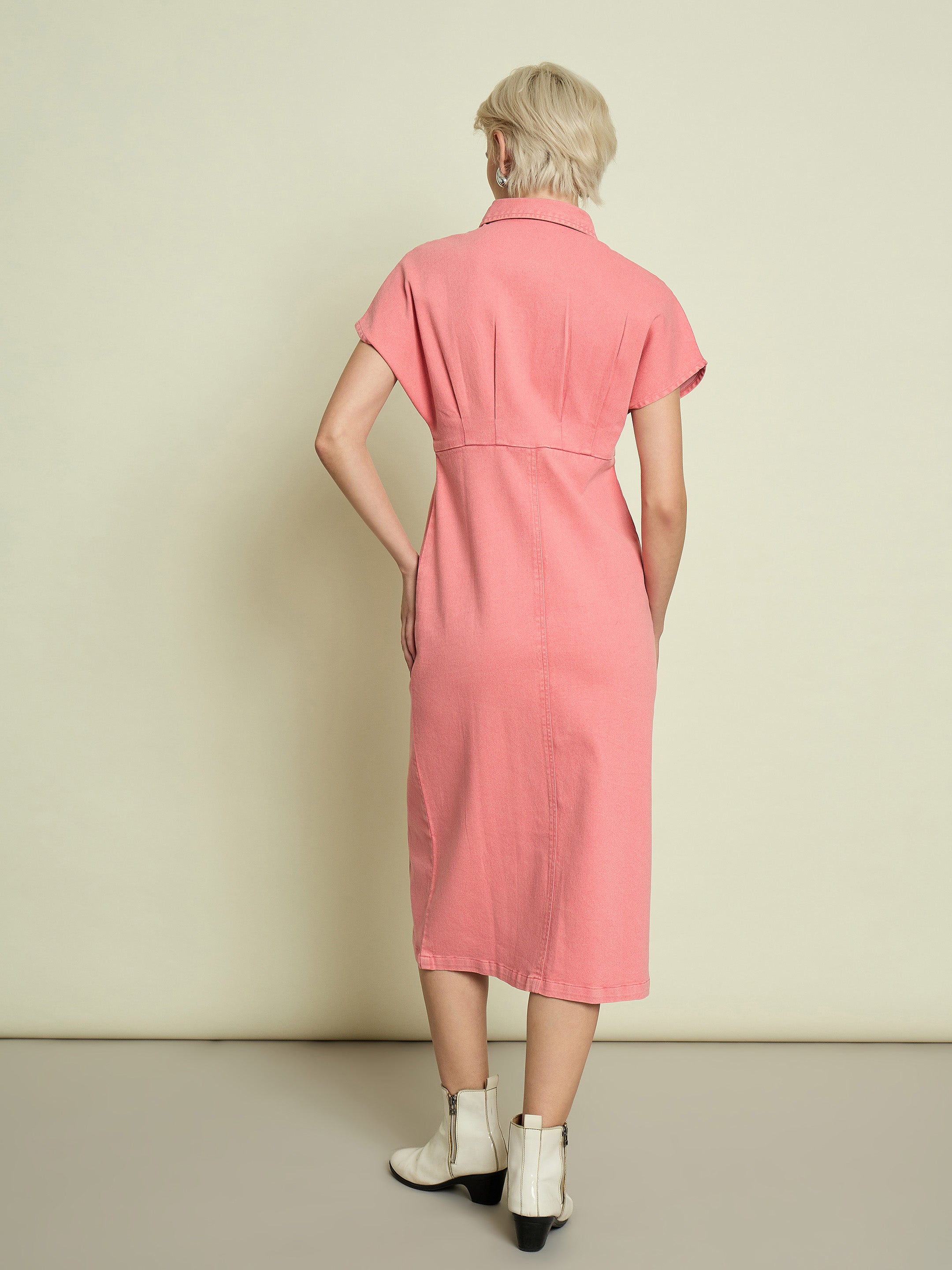 Women Pink Denim Kimono Sleeves Midi Dress-SFDRSS13336