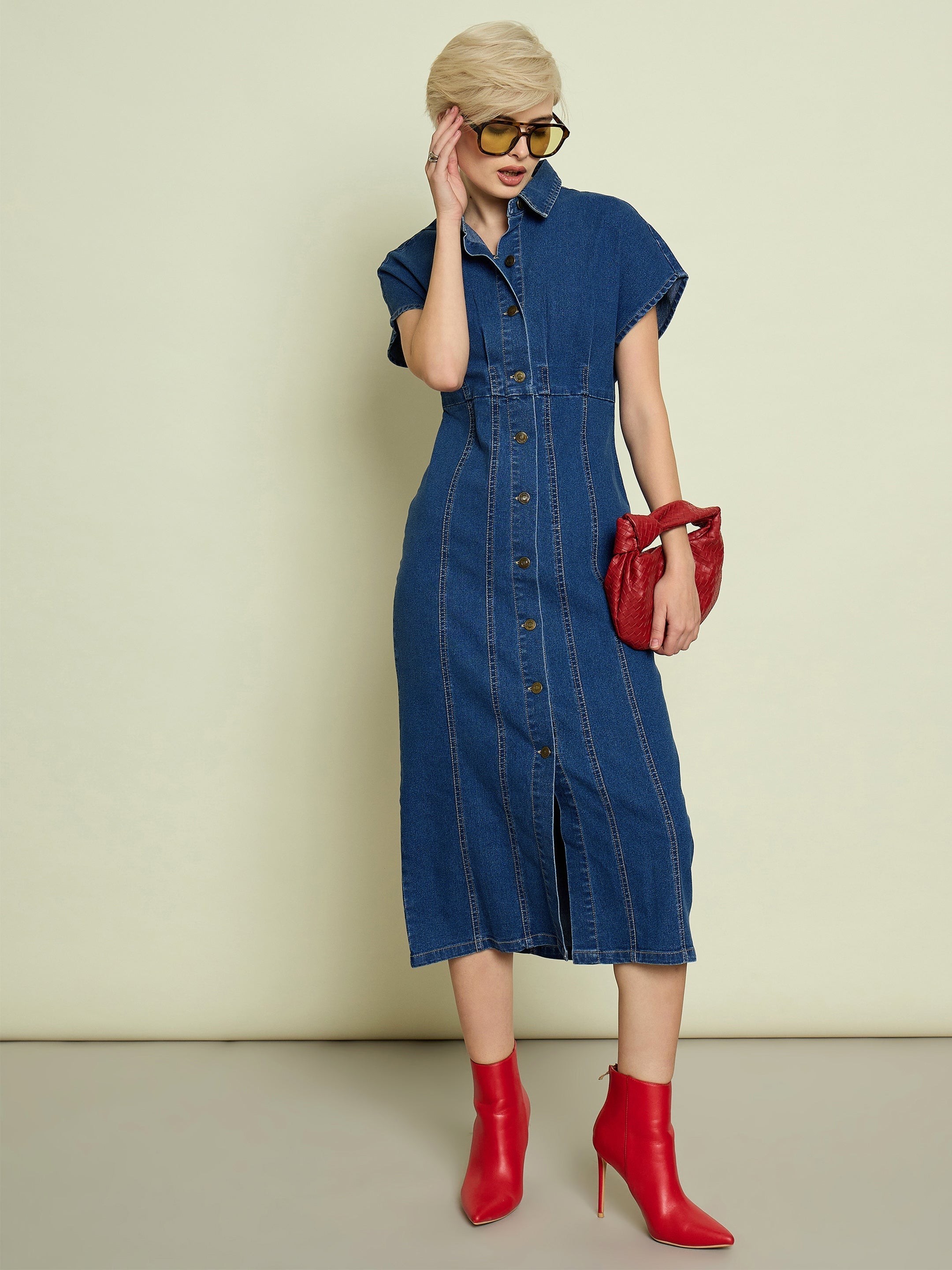 Women Blue Denim Kimono Sleeves Midi Dress-SFDRSS13337