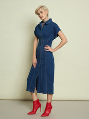 Women Blue Denim Kimono Sleeves Midi Dress-SFDRSS13337
