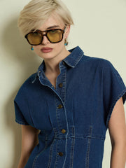 Women Blue Denim Kimono Sleeves Midi Dress-SFDRSS13337