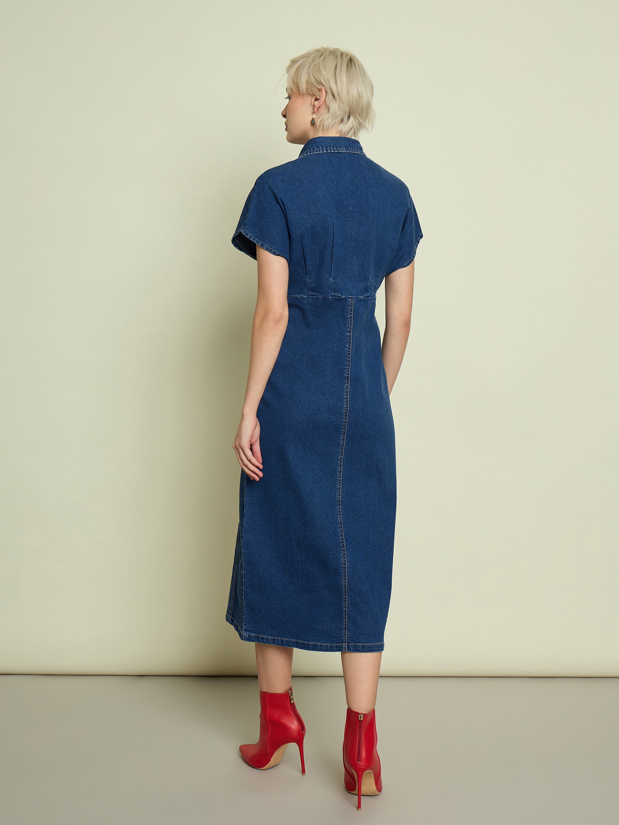 Women Blue Denim Kimono Sleeves Midi Dress-SFDRSS13337
