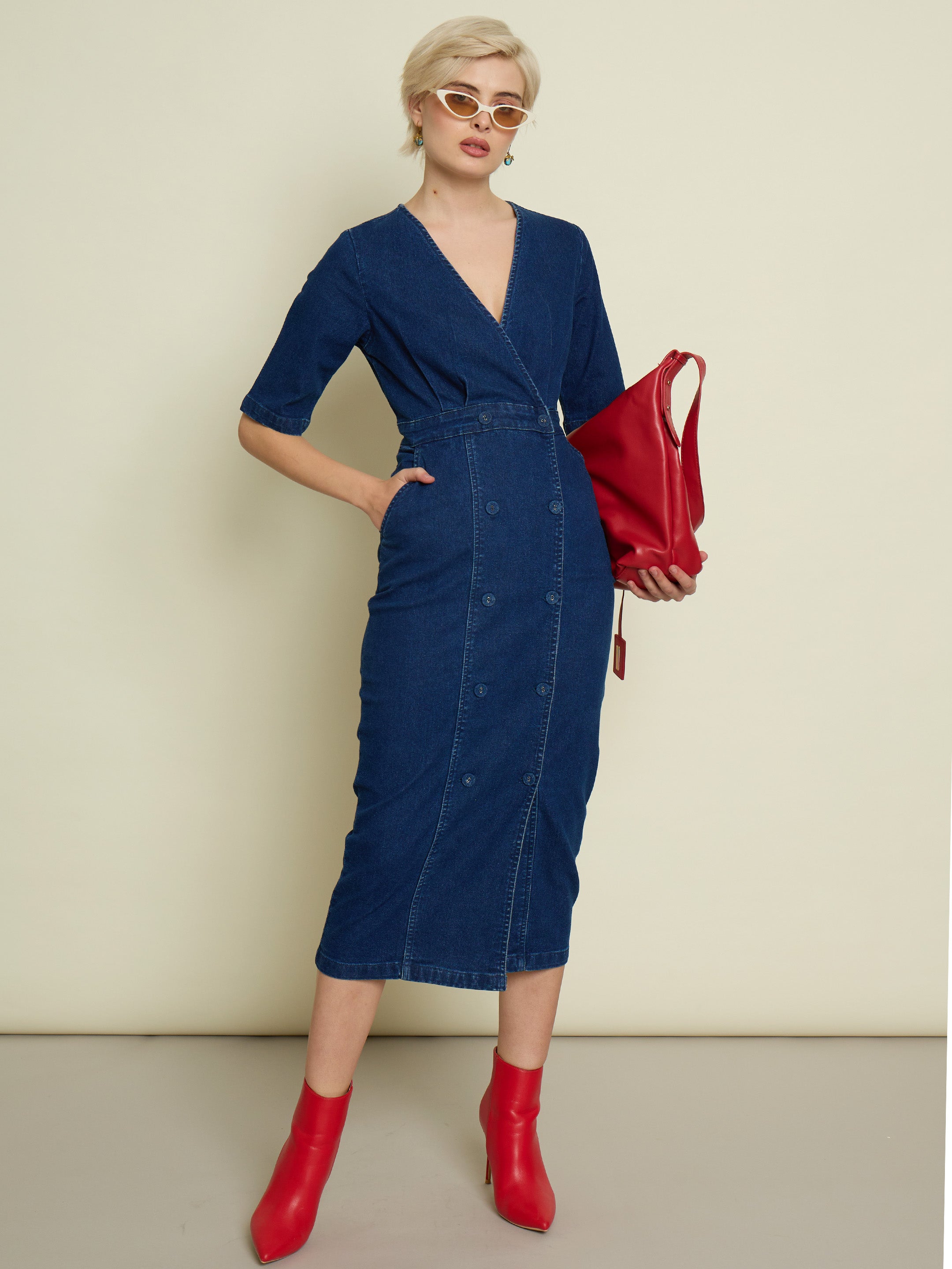 Women Navy Blue Denim Wrap Neck Midi Dress-SFDRSS13338