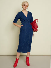 Women Navy Blue Denim Wrap Neck Midi Dress-SFDRSS13338