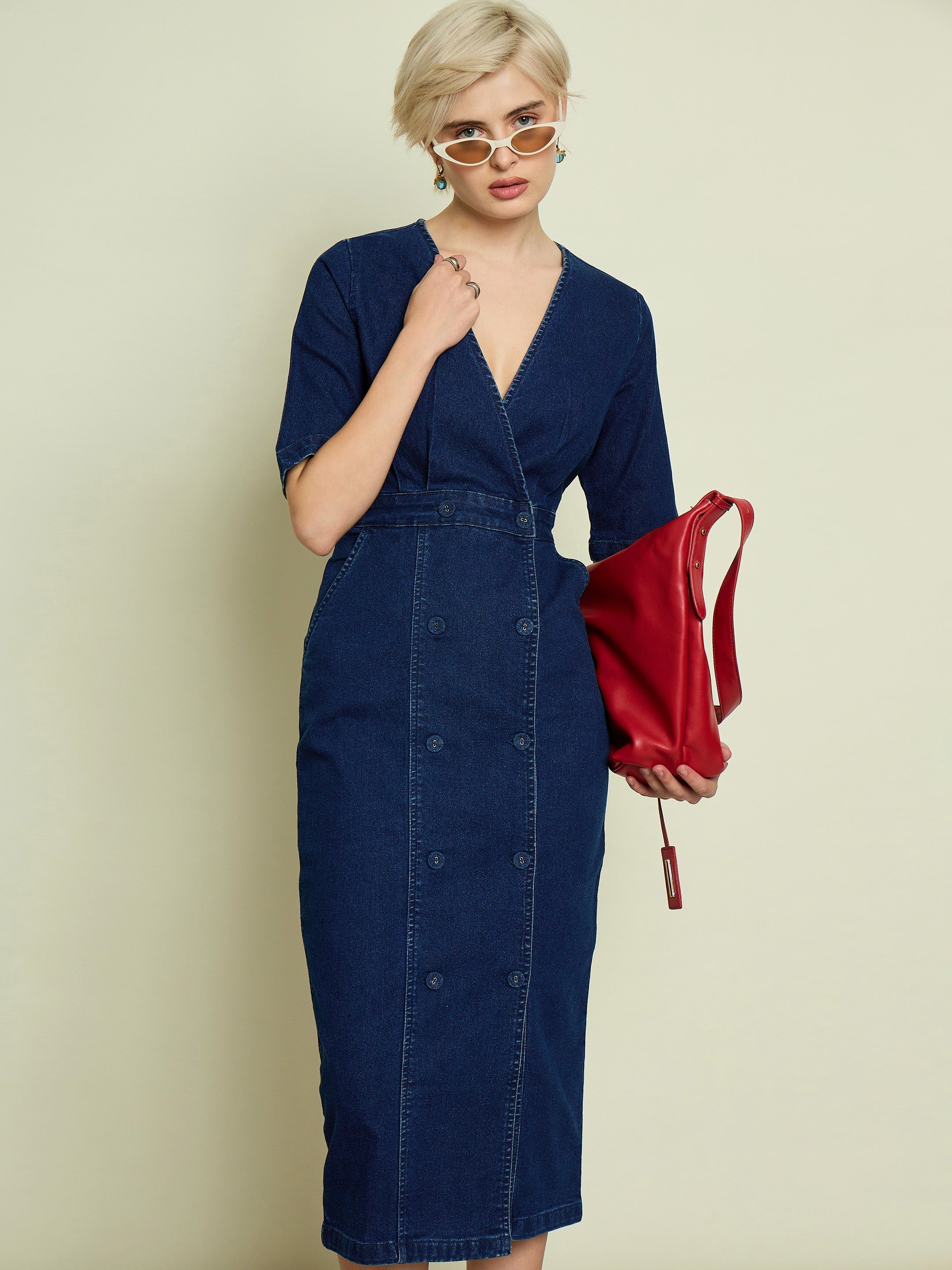 Women Navy Blue Denim Wrap Neck Midi Dress-SFDRSS13338