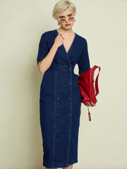 Women Navy Blue Denim Wrap Neck Midi Dress-SFDRSS13338