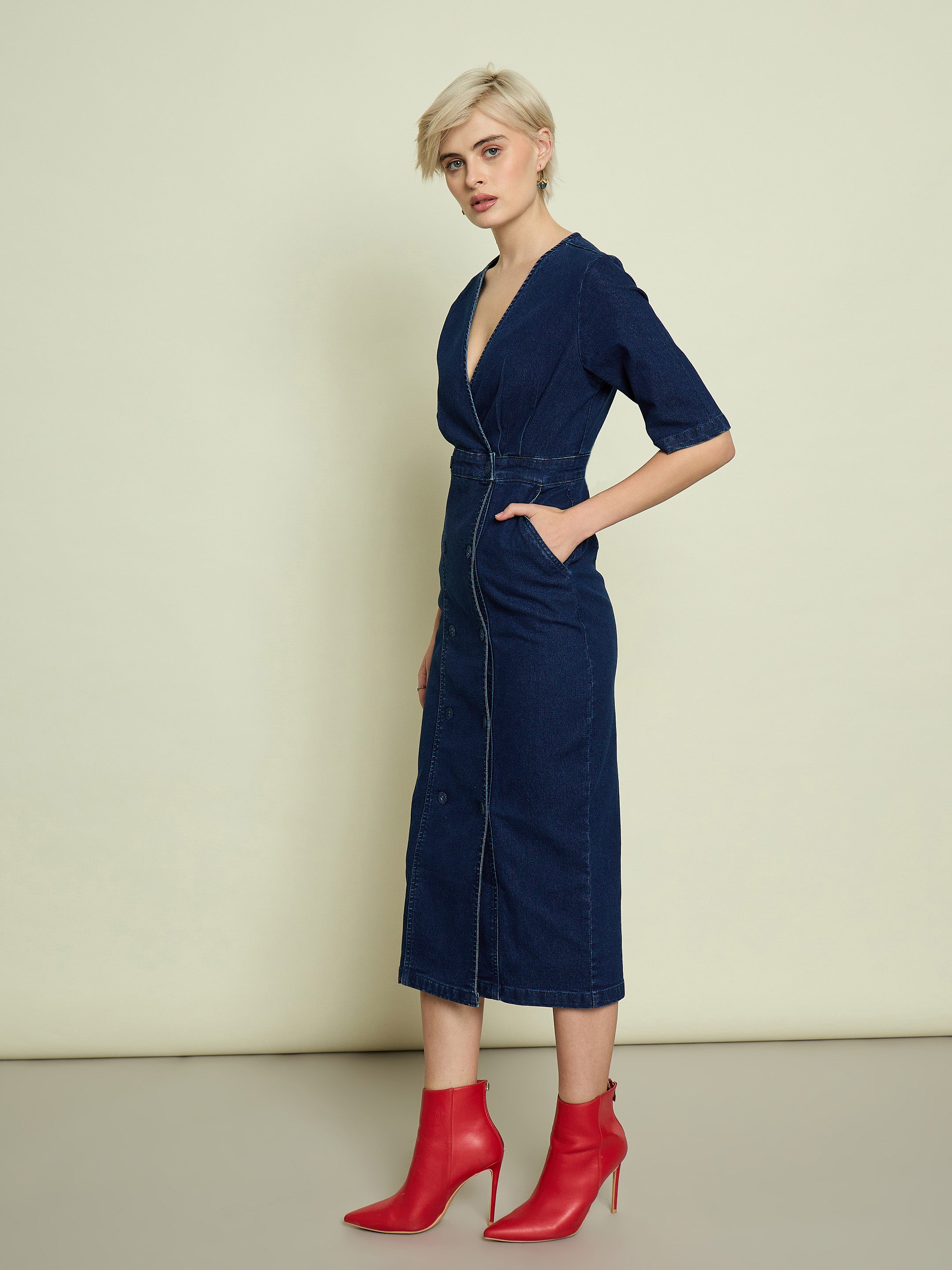Women Navy Blue Denim Wrap Neck Midi Dress-SFDRSS13338