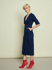 Women Navy Blue Denim Wrap Neck Midi Dress-SFDRSS13338