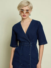 Women Navy Blue Denim Wrap Neck Midi Dress-SFDRSS13338