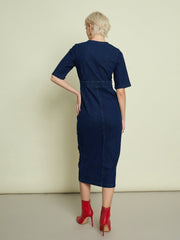 Women Navy Blue Denim Wrap Neck Midi Dress-SFDRSS13338