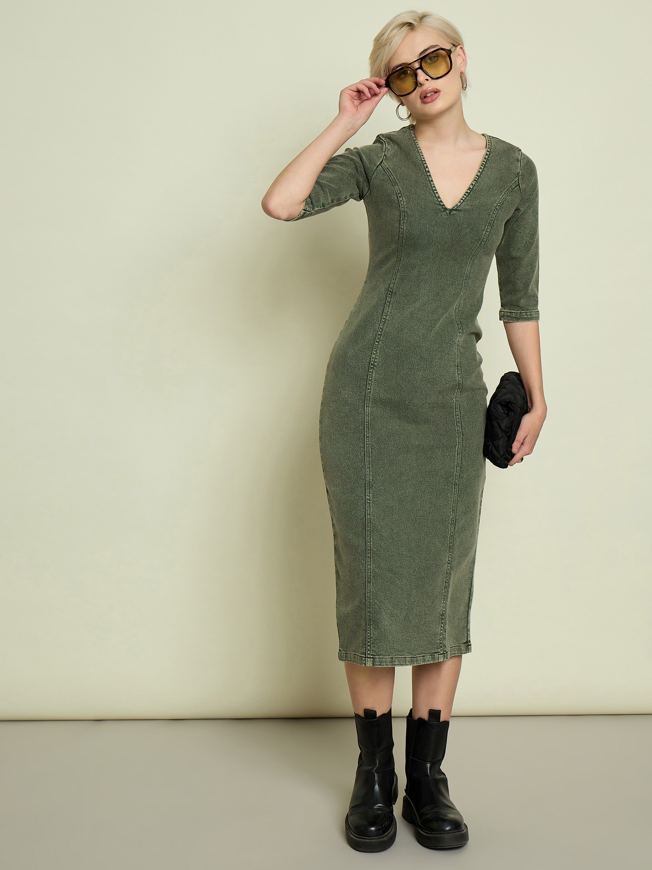 Women Olive Denim V Neck Midi Dress-SFDRSS13340