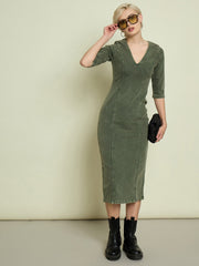 Women Olive Denim V Neck Midi Dress-SFDRSS13340