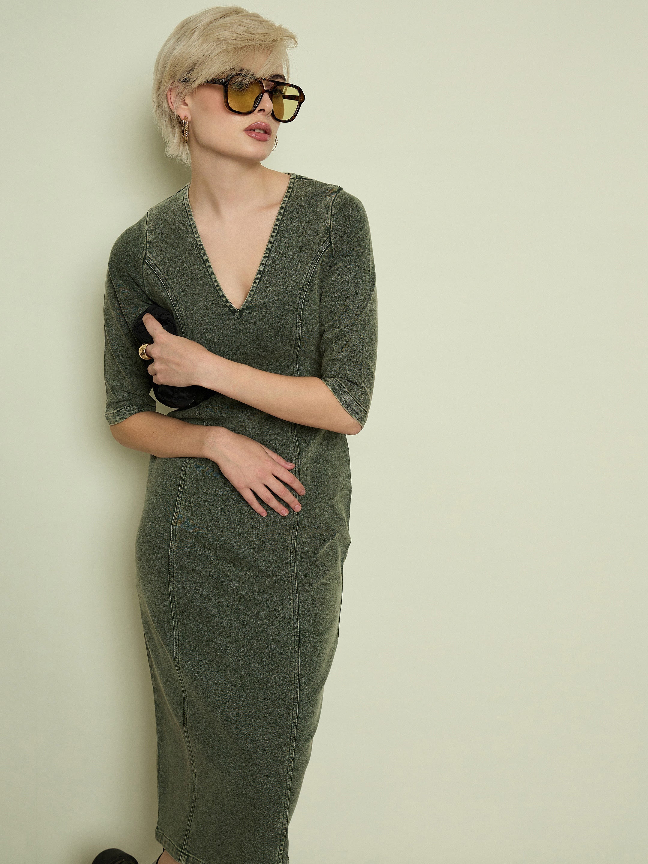 Women Olive Denim V Neck Midi Dress-SFDRSS13340