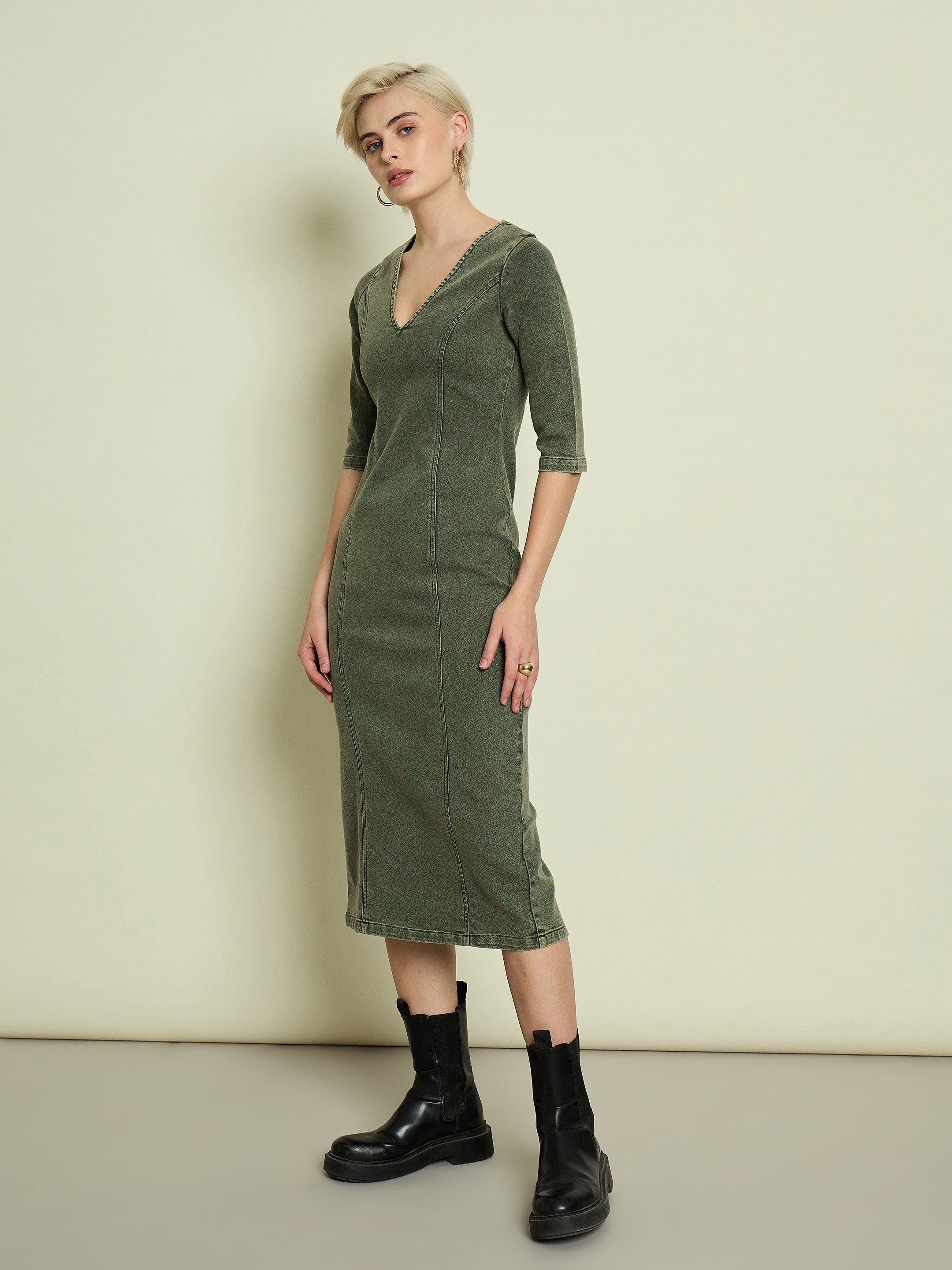 Women Olive Denim V Neck Midi Dress-SFDRSS13340