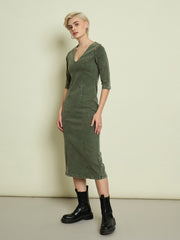 Women Olive Denim V Neck Midi Dress-SFDRSS13340