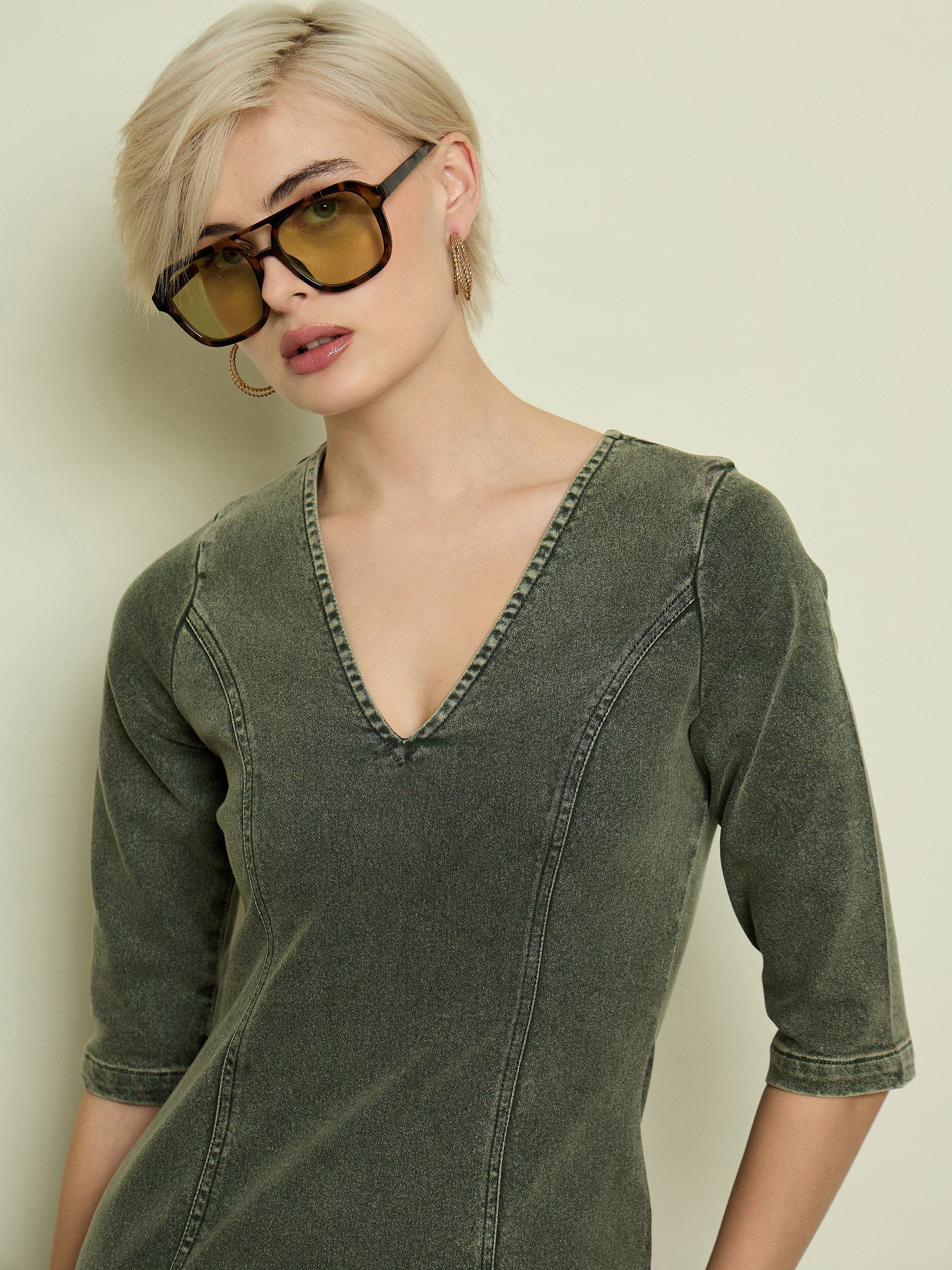 Women Olive Denim V Neck Midi Dress-SFDRSS13340