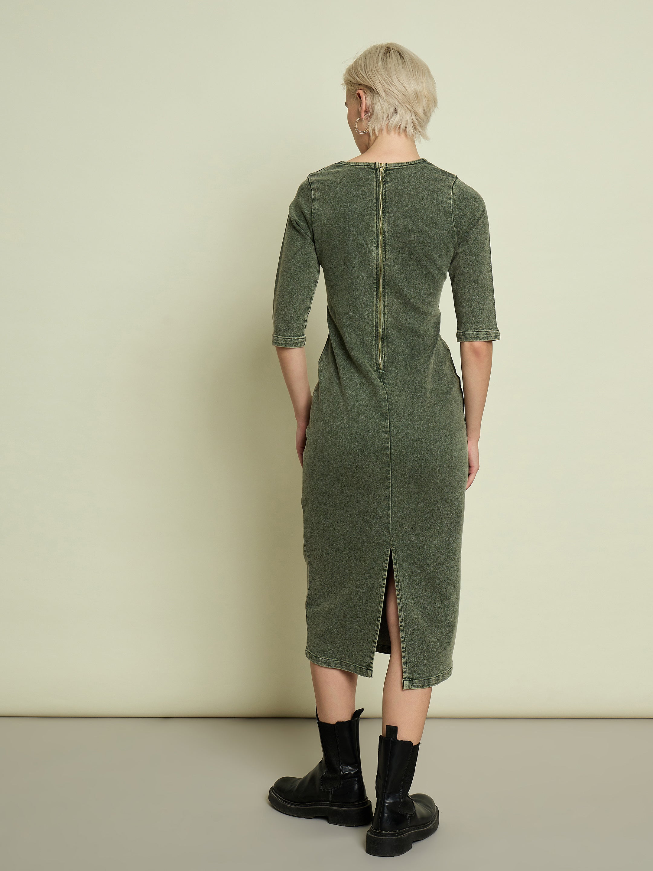 Women Olive Denim V Neck Midi Dress-SFDRSS13340