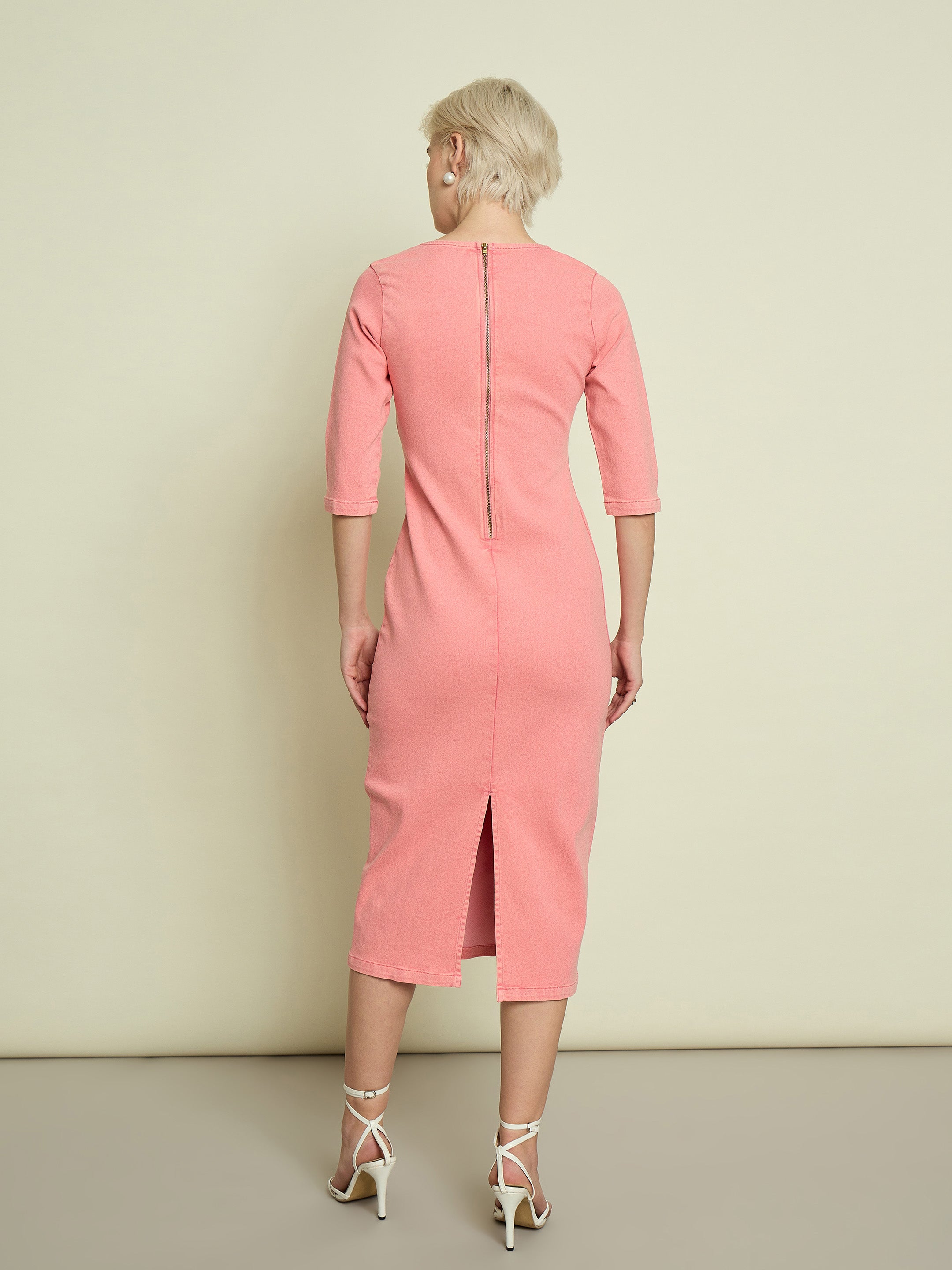 Women Pink Denim V Neck Midi Dress-SFDRSS13341