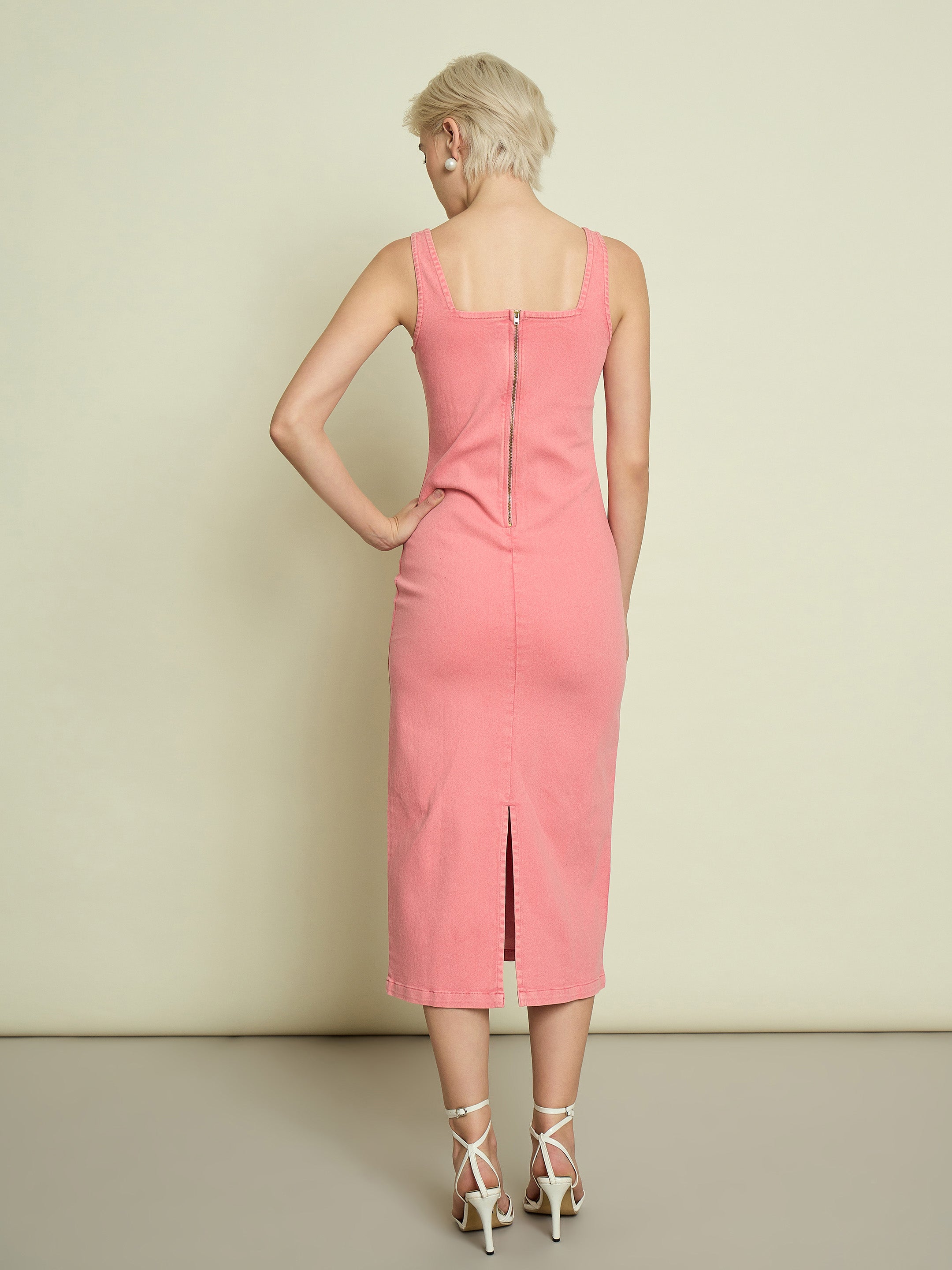 Women Pink Denim Strappy Midi Dress-SFDRSS13344