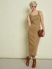 Women Beige Washed Denim Strappy Midi Dress-SFDRSS13345