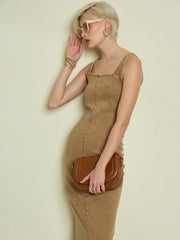 Women Beige Washed Denim Strappy Midi Dress-SFDRSS13345