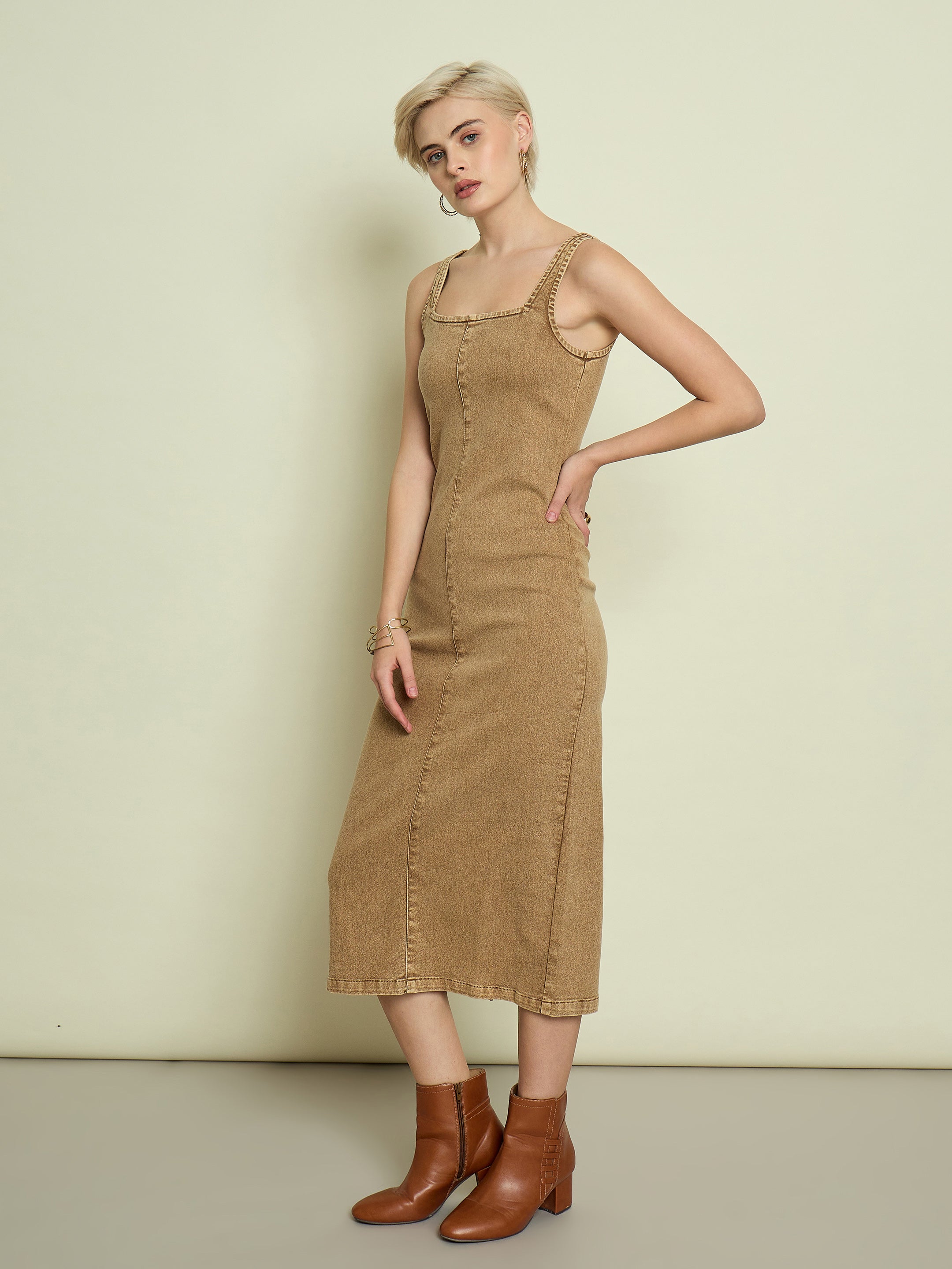 Women Beige Washed Denim Strappy Midi Dress-SFDRSS13345