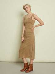 Women Beige Washed Denim Strappy Midi Dress-SFDRSS13345